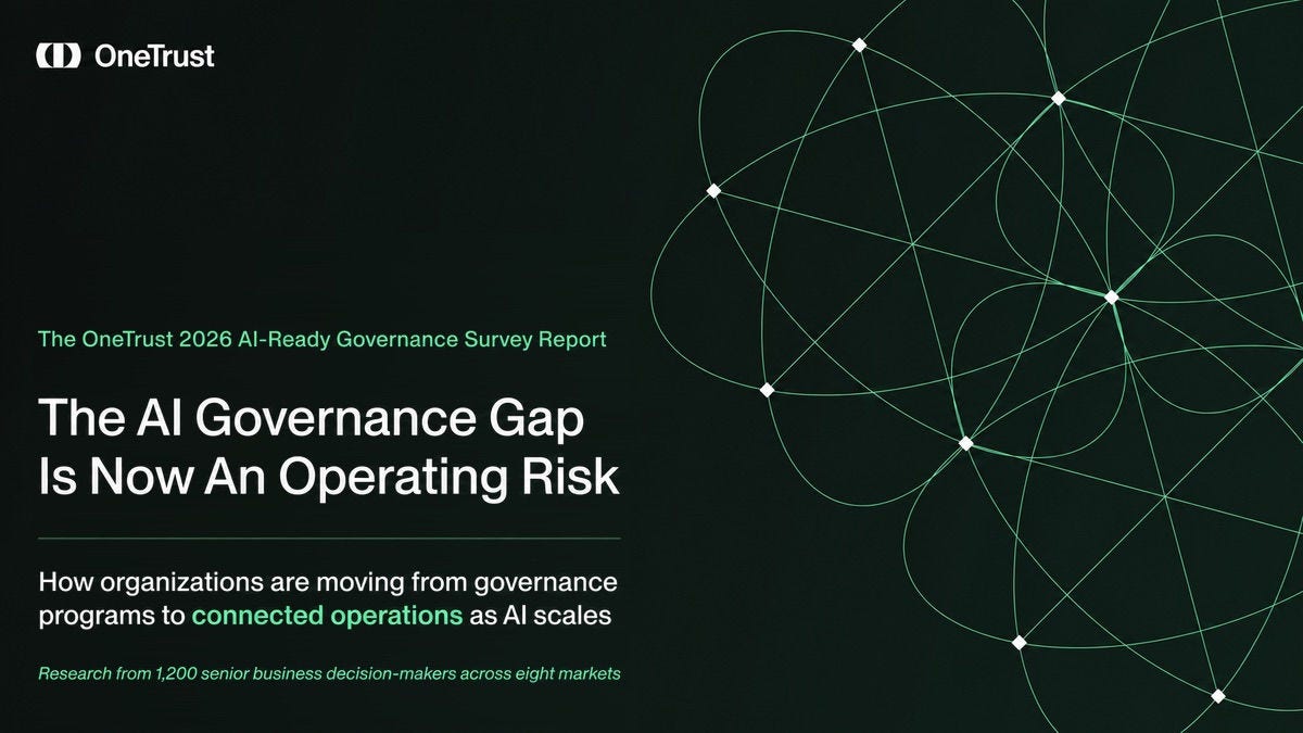 OneTrust AI governance report cover with a dark green wire-frame background, OneTrust logo, and headline: “The AI Governance Gap Is Now an Operating Risk.”