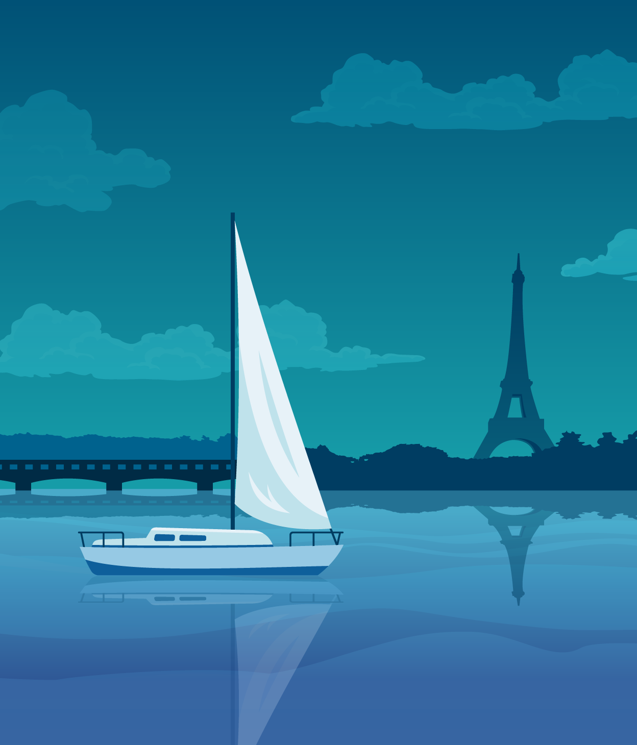 Illusration in shades of blue of a sailboat with the Eiffel Towel in the background