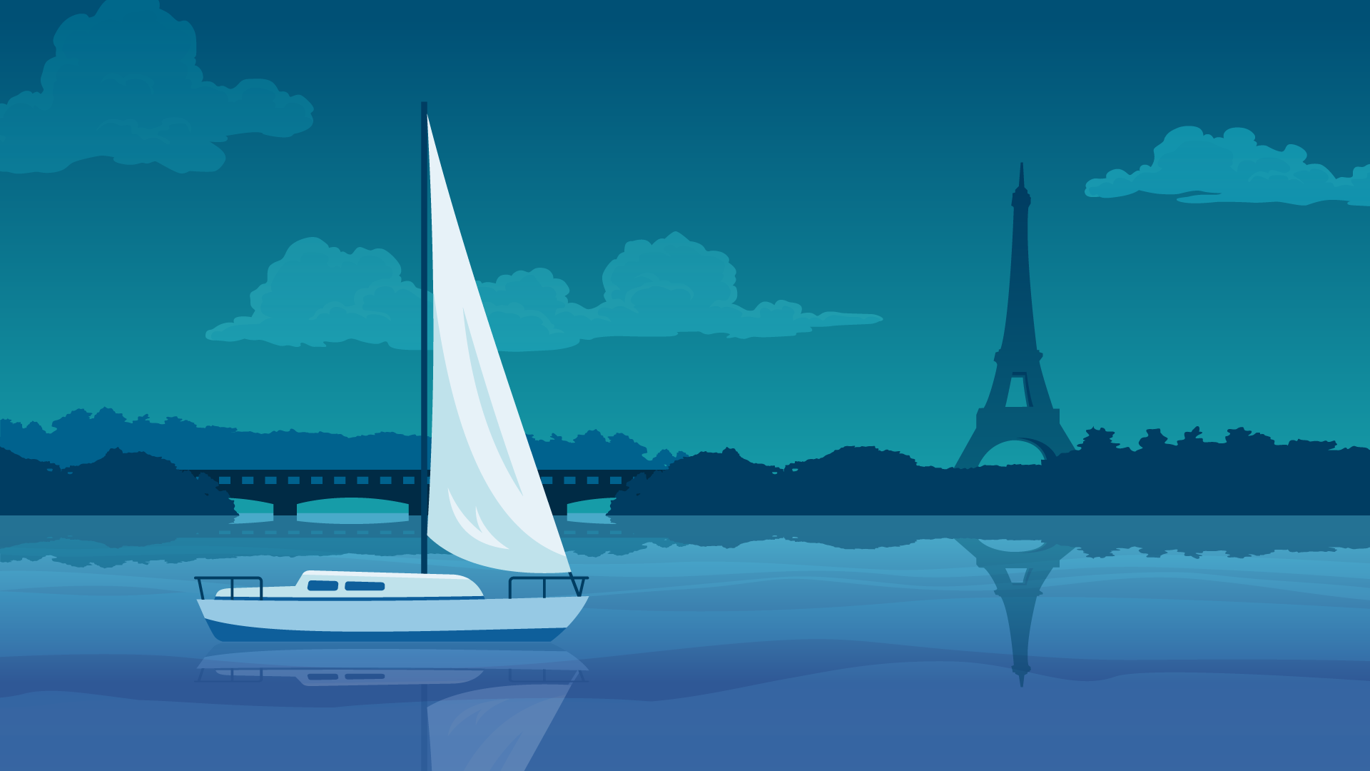 Illusration in shades of blue of a sailboat with the Eiffel Towel in the background