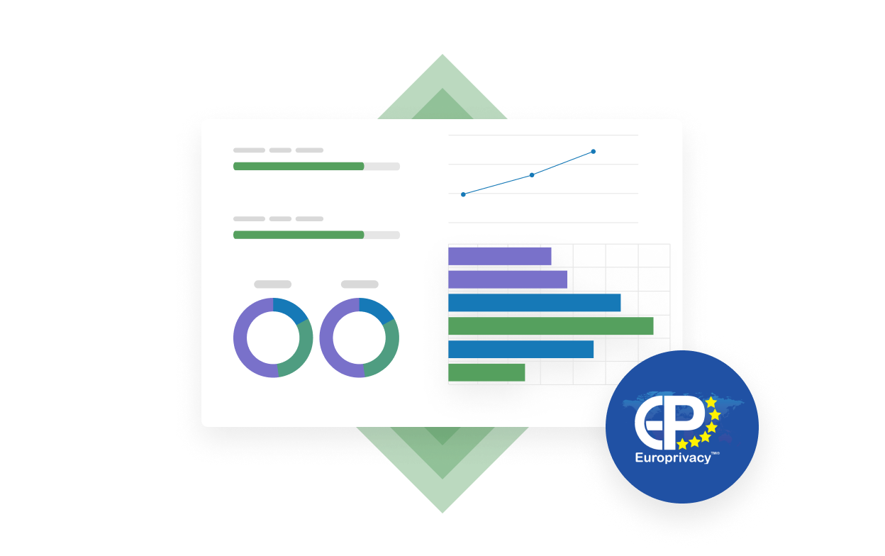 Illustration of a generic representation of the OneTrust platform with the Europrivacy certification seal overlaid in the bottom right corner